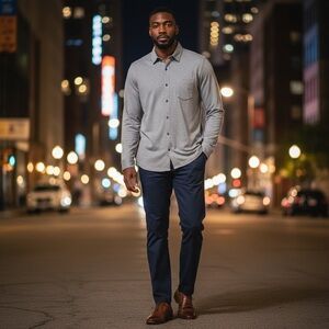 Fabletics Men’s Gray Button-Up Shirt M Long Sleeve Casual Performance Stretch